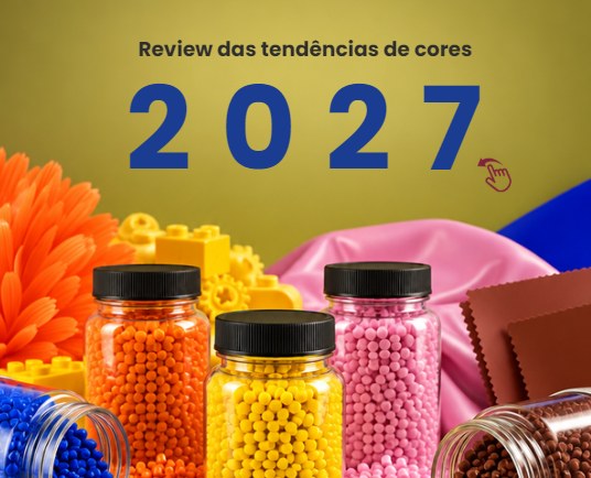 Review das tendências de cores 2027: frascos com grânulos de masterbatch laranja, amarelo, rosa, azul e marrom