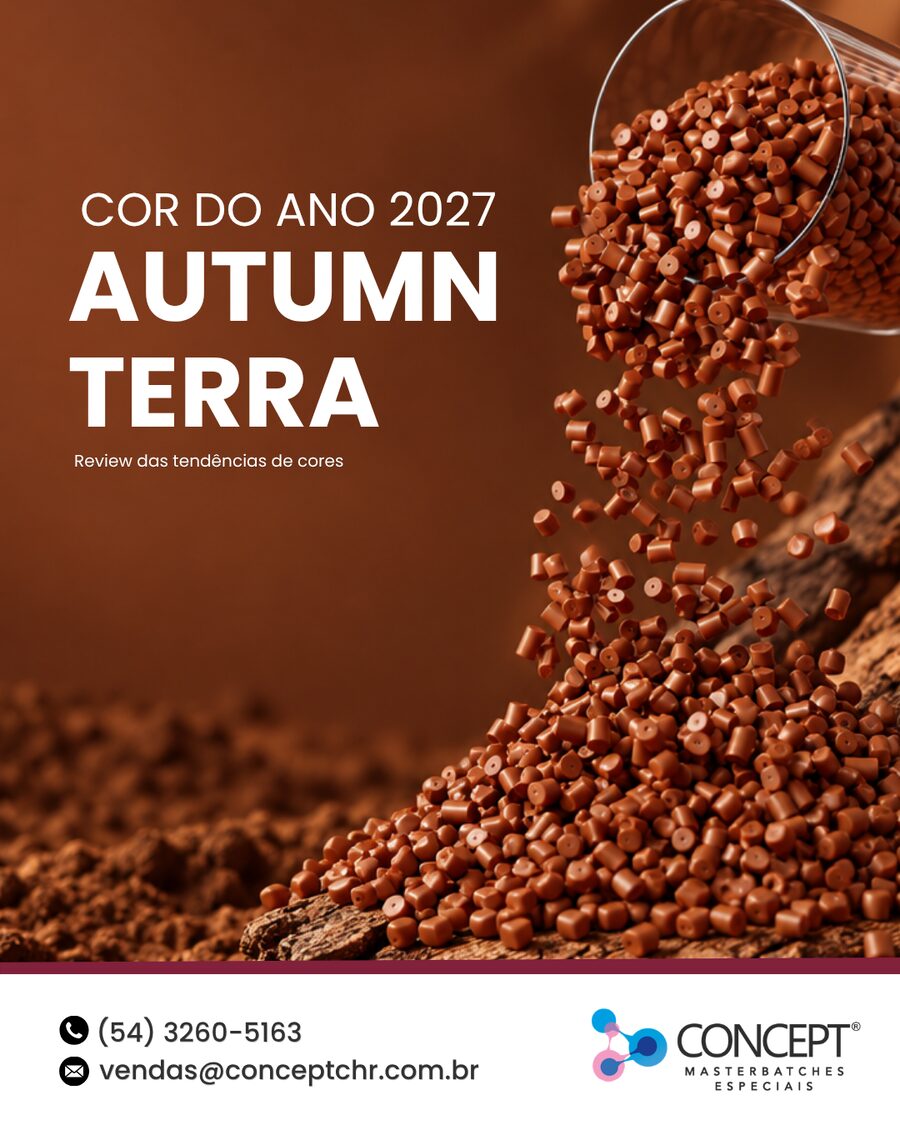 Grânulos de masterbatch na cor Autumn Terra, tendência de cor 2027 da Concept