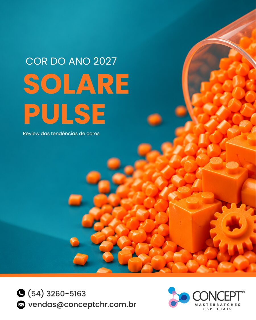 Grânulos de masterbatch na cor Solare Pulse, tendência de cor 2027 da Concept