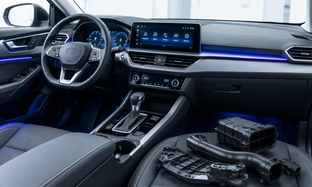 Interior de automóvel moderno com painel em plástico injetado e peças técnicas automotivas em plástico preto